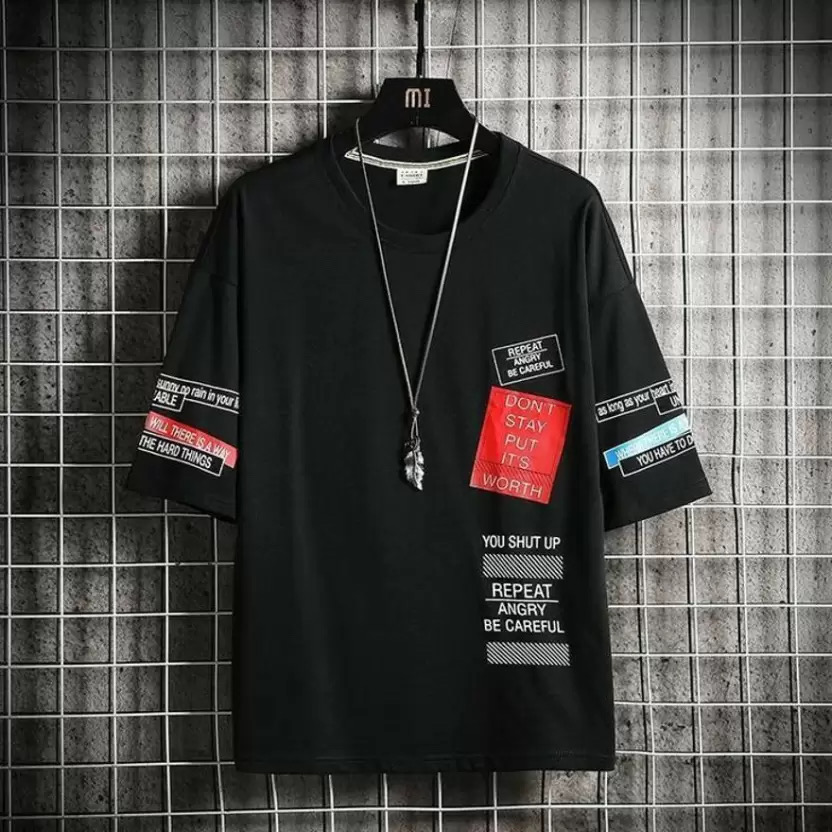 AIZAN Men Printed Round Neck Cotton Blend Half T-Shirt black